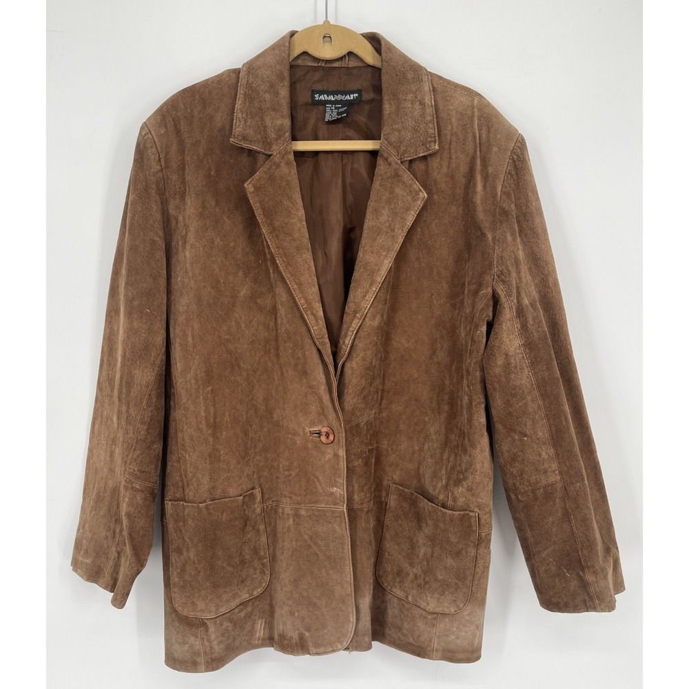 Savannah Leather Blazer Jacket Vintage 90s Suede Brown Women's Size 14